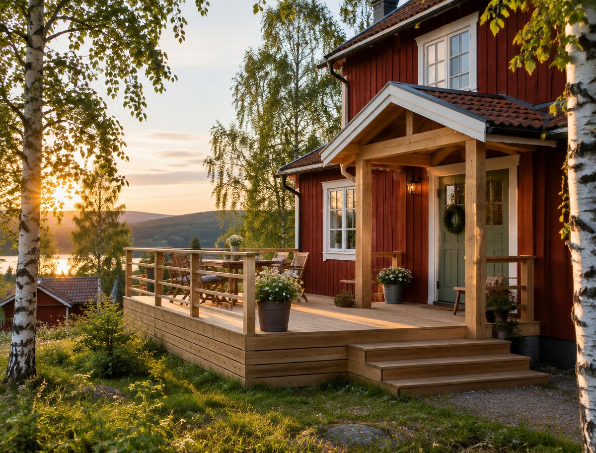 Nybyggd altan vid rött trähus vid Siljan